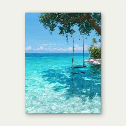 Turquoise Ocean Seascape with Hanging Swing Metal Print Ready to Hang