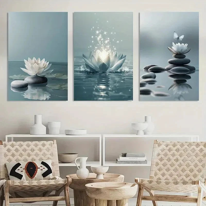 3pcs White for Lotus Blooming on Stones in Water Metal Print Ready to Hang Art - Bella Home Decor