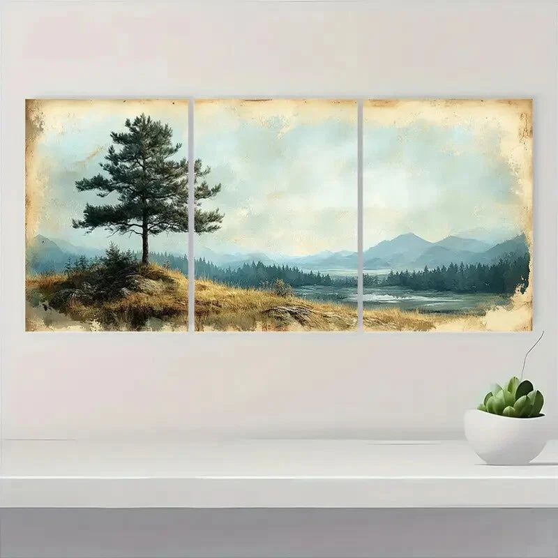 3pcs Vintage Pine Tree Panoramic Landscape Metal Print Ready to Hang Art - Bella Home Decor