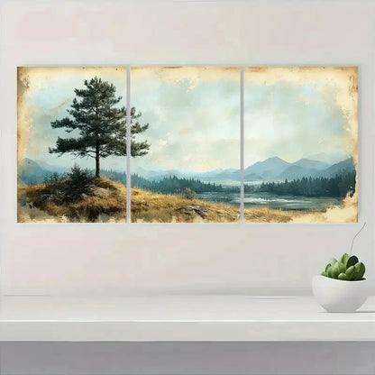 3pcs Vintage Pine Tree Panoramic Landscape Metal Print Ready to Hang Art - Bella Home Decor
