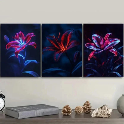 3pcs Featuring Neon Lily Flowers Wall Art Set Canvas Framed 50x70cm - High Quality Print 100% Australian Made Wall Canvas Ready to Hang