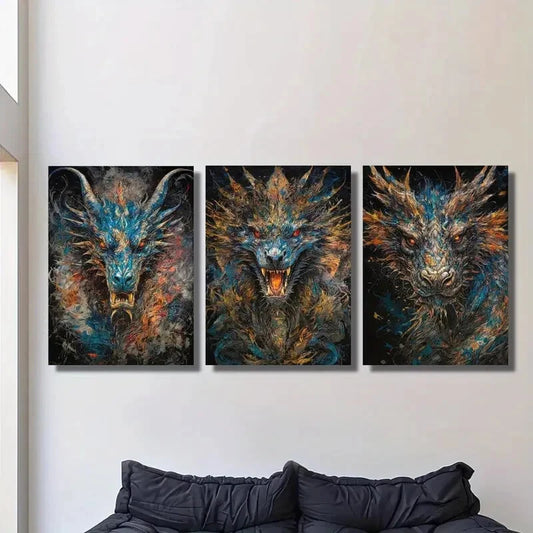 3pcs Colorful fantasy dragon, retro Metal Print Ready to Hang Art