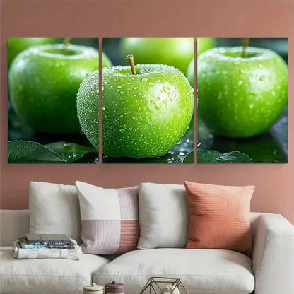 3pcs Green Apple Fruits Still Life Illustration Wall Art Set Canvas Framed 40x60cm - High Quality Print 100% Australian Made Wall Canvas Ready to Hang