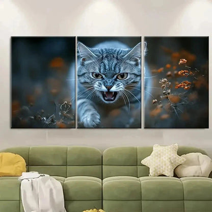 3pcs Feisty Silvery Grey Tabby Cat FT  Wall Art Set Canvas Framed 60x90cm - High Quality Print 100% Australian Made Wall Canvas Ready to Hang