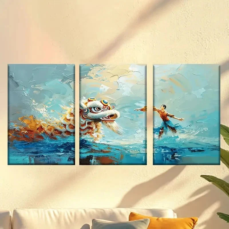 3pcs Abstract New Year Lion Dance Wall Art Set Canvas Framed 50x70cm - High Quality Print 100% Australian Made Wall Canvas Ready to Hang - Bella Home Decor