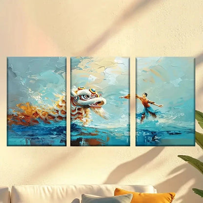 3pcs Abstract New Year Lion Dance Wall Art Set Canvas Framed 50x70cm - High Quality Print 100% Australian Made Wall Canvas Ready to Hang - Bella Home Decor