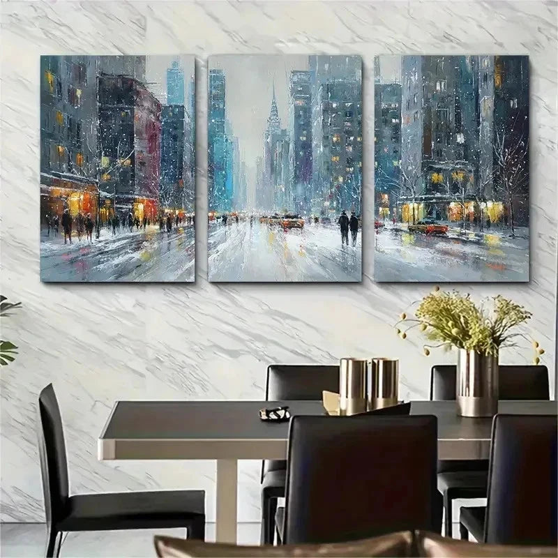 3pcs New York Skyline Painting Snowy Perfect Wall Art Set Canvas Framed 50x70cm - High Quality Print 100% Australian Made Wall Canvas Ready to Hang