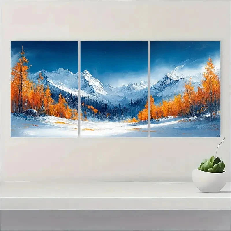 3pcs Winter Mountain Landscape Oil Paintings Metal Print Ready to Hang Art - Bella Home Decor