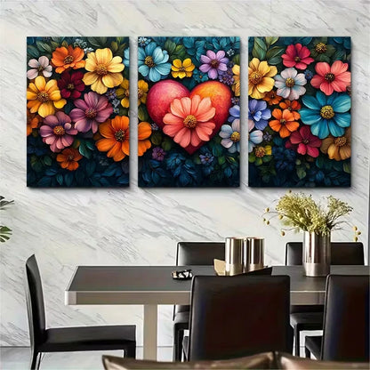 3pcs Vibrant Floral Heart Metal Print Ready to Hang Art