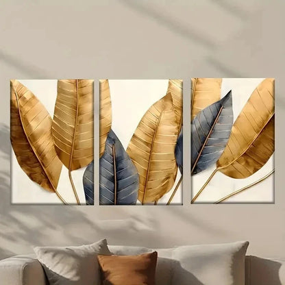3pcs Three Golden Feathers on a White Wall Art Set Canvas Framed 50x70cm - High Quality Print 100% Australian Made Wall Canvas Ready to Hang