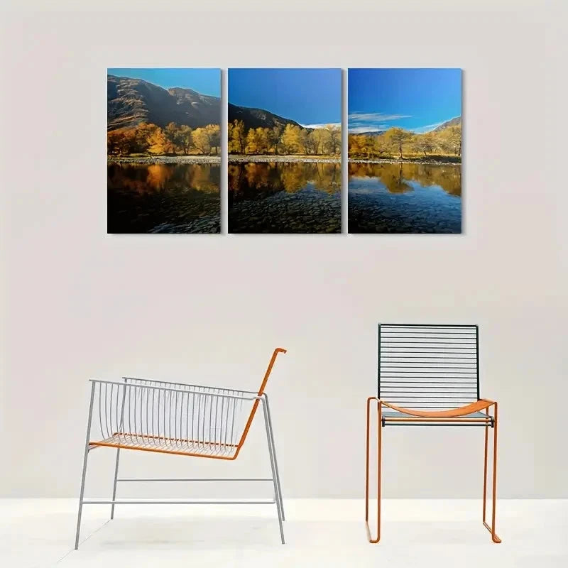 3pcs Golden Autumn Foliage & Calming Waters Metal Print Ready to Hang Art - Bella Home Decor