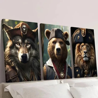 3pcs Ancient Pirates Wolf Bear and Lion Wall Art Set Canvas Unframed - High Quality Print 100% Australian Made Wall Canvas - Bella Home Decor