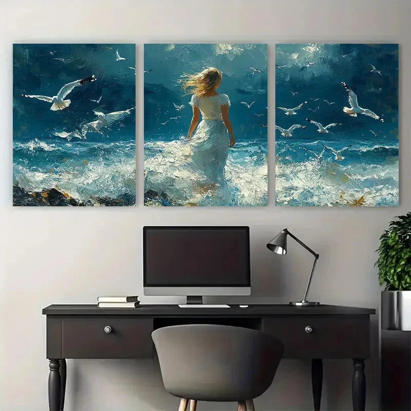 3pcs Abstract Seascape Young Woman Amidst Seagulls Metal Print Ready to Hang Art - Bella Home Decor