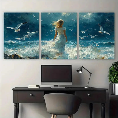 3pcs Abstract Seascape Young Woman Amidst Seagulls Metal Print Ready to Hang Art - Bella Home Decor