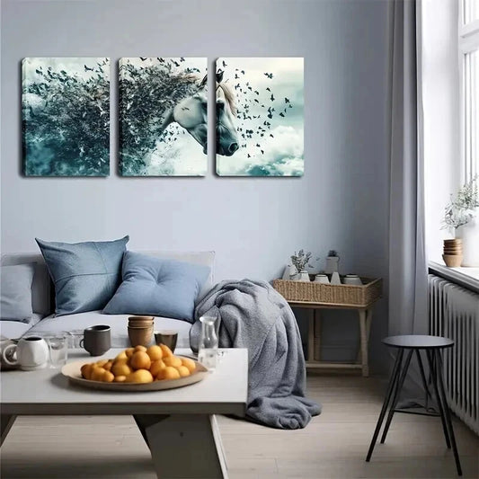 3pcs A White Horse Covered Butterflies Perfect Wall Art Set Canvas Framed 50x70cm - High Quality Print 100% Australian Made Wall Canvas Ready to Hang