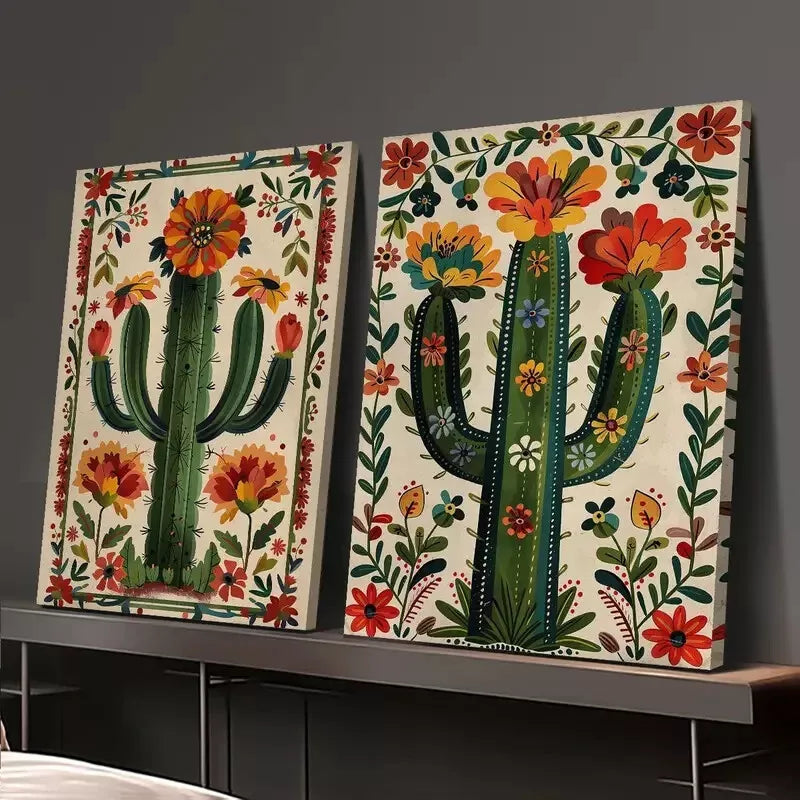 2pcs Decorative Cactus Botanical Art Canvas Framed 50x75cm - High Quality Print 100% Australian Made Wall Canvas Ready to Hang - Bella Home Decor