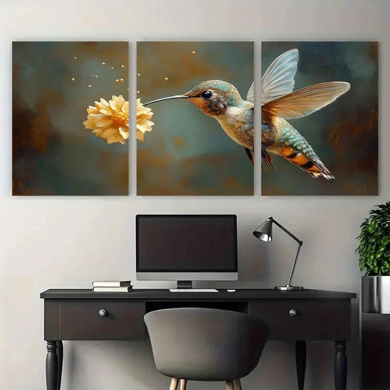 3pcs Hummingbird with Yellow Floral Scene Metal Print Ready to Hang Art - Bella Home Decor