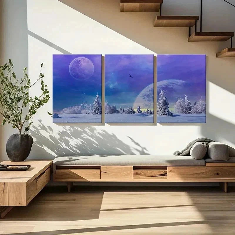 3pcs Fantasy Snow Landscape Purple Sky Wall Art Set Canvas Framed 50x70cm - High Quality Print 100% Australian Made Wall Canvas Ready to Hang