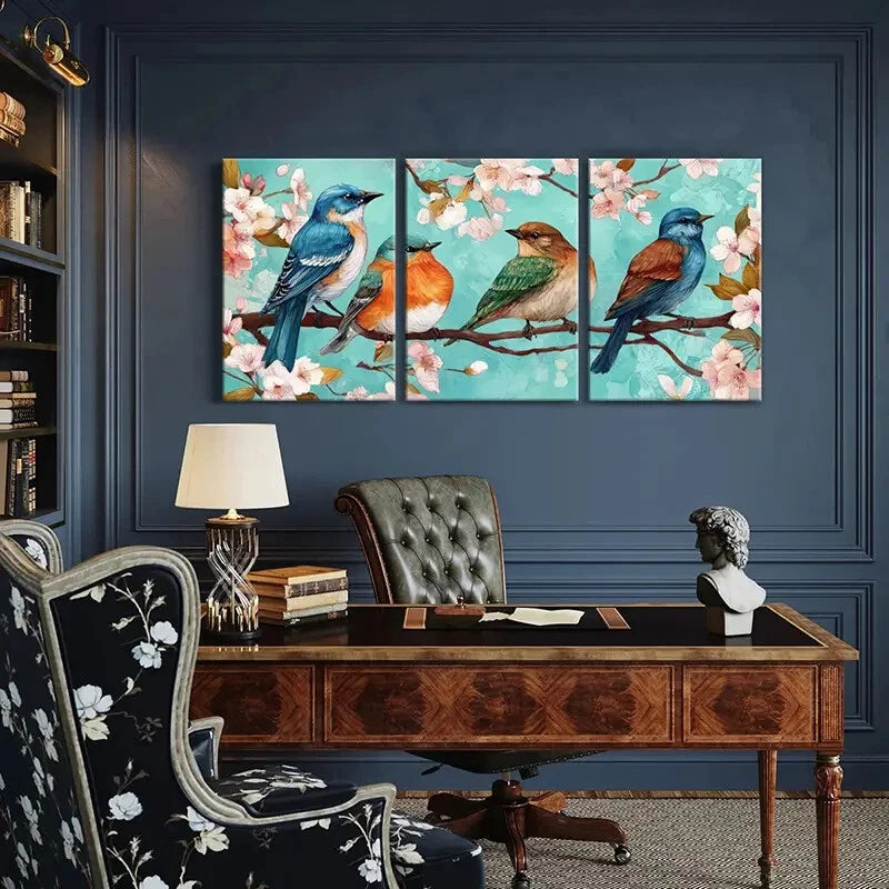 3pcs Artistic Birds Blossom Branches Spring Time Metal Print Ready to Hang Art - Bella Home Decor