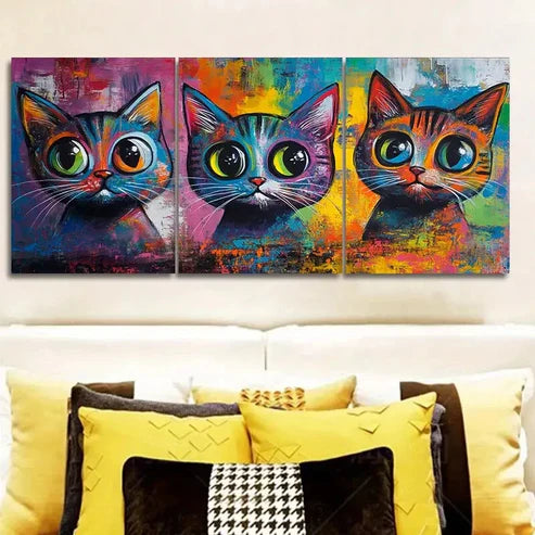 3pcs Colorful Cats Wall Art Set Canvas Unframed - High Quality Print 100% Australian Made Wall Canvas - Bella Home Decor