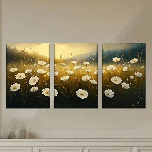 3pcs a Painting of White Flowers in a Field Wall Art Set Canvas Framed 50x70cm - High Quality Print 100% Australian Made Wall Canvas Ready to Hang