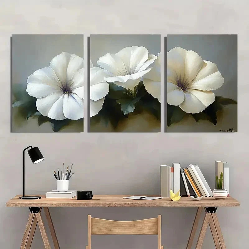 3pcs Serene Floral Elegant White Petunia Metal Print Ready to Hang Art - Bella Home Decor