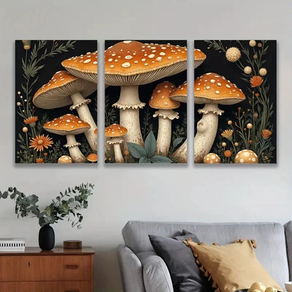 3pcs Whimsical Mushroom Floral Art Wall Art Set Canvas Framed 50x70cm - High Quality Print 100% Australian Made Wall Canvas Ready to Hang