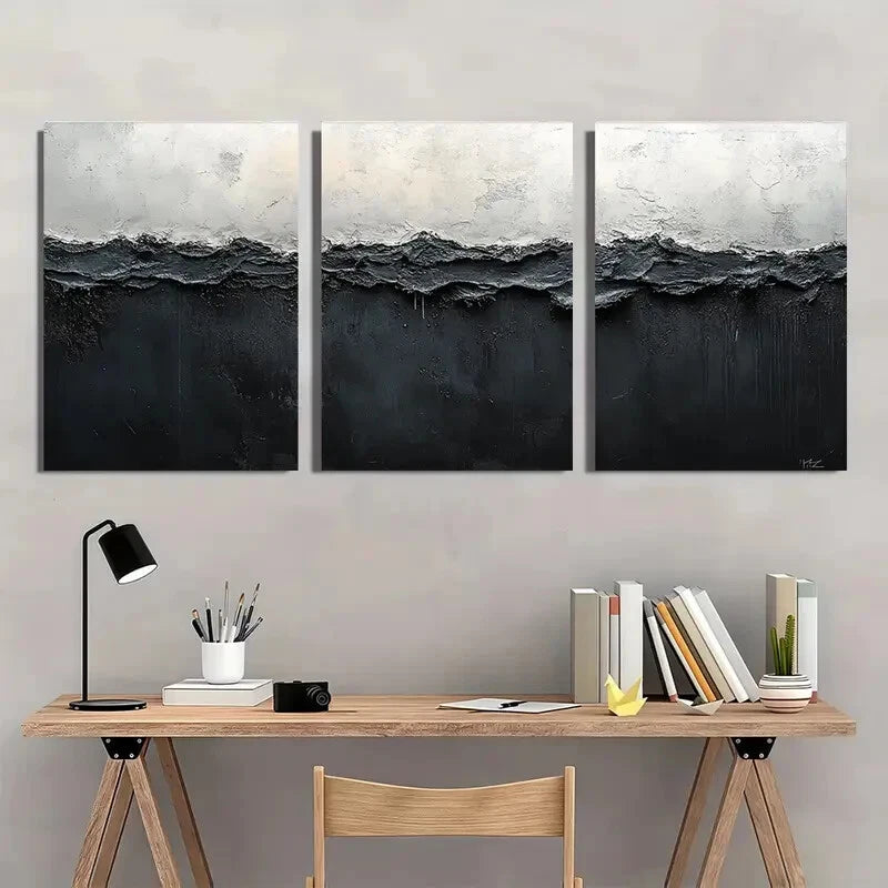 3pcs Black and White Abstract Painting Metal Print Ready to Hang Art - Bella Home Decor