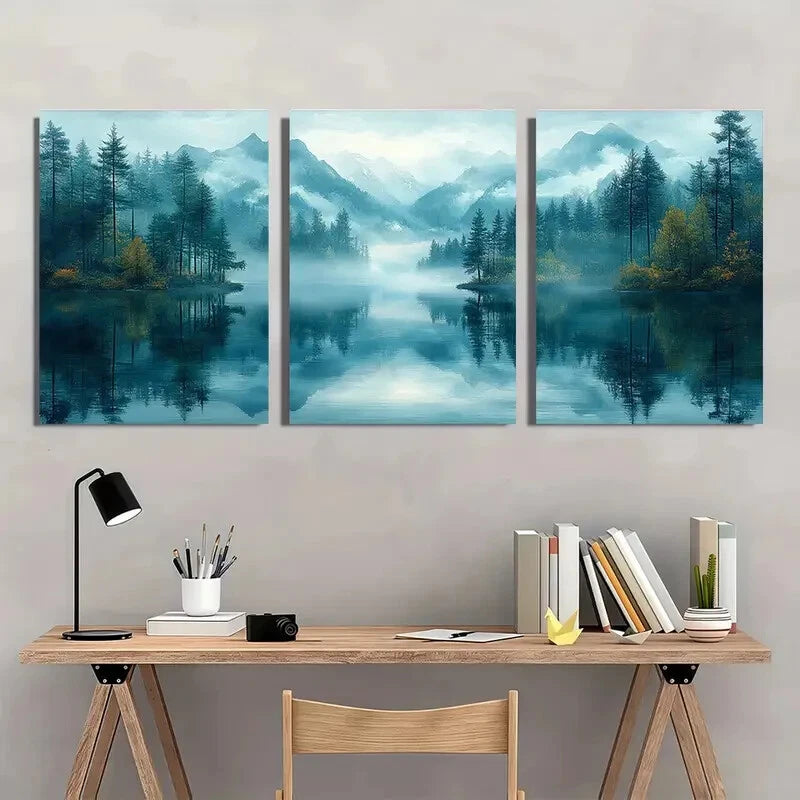3pcs Serene Misty Mountain Lake Scene Metal Print Ready to Hang Art - Bella Home Decor