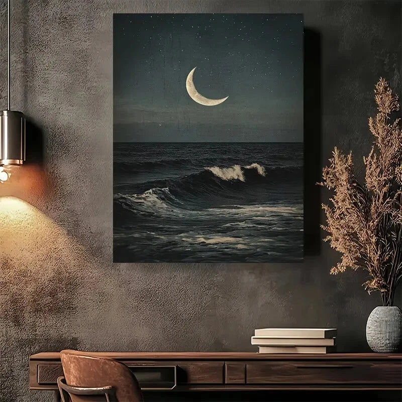 Beautiful Moonlit Ocean Waves Modern Painting 40x60cm Metal Print Ready to Hang - Bella Home Decor