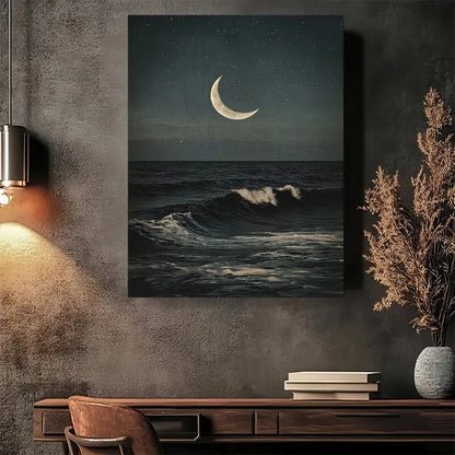 Beautiful Moonlit Ocean Waves Modern Painting 40x60cm Metal Print Ready to Hang - Bella Home Decor