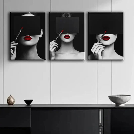 3pcs A Woman in Red Lipstick Darkness Perfect Wall Art Set Canvas Framed 60x90cm - High Quality Print 100% Australian Made Wall Canvas Ready to Hang