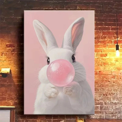 Whimsical White Rabbit Blowing Pink Bubble Metal Print Ready to Hang