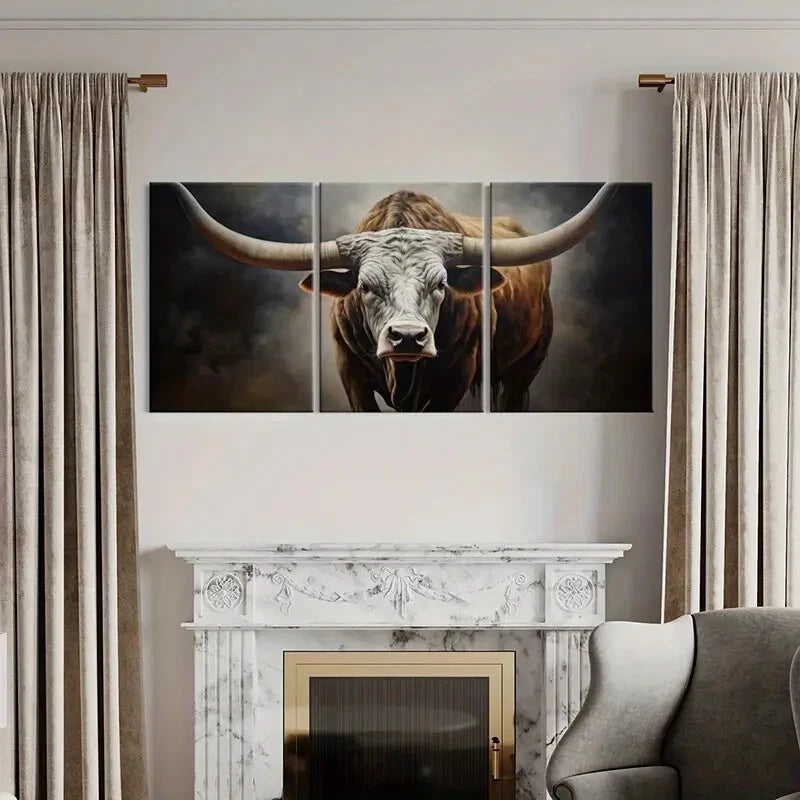 3pcs Rustic Longhorn Bull Farmhouse Style Metal Print Ready to Hang Art - Bella Home Decor