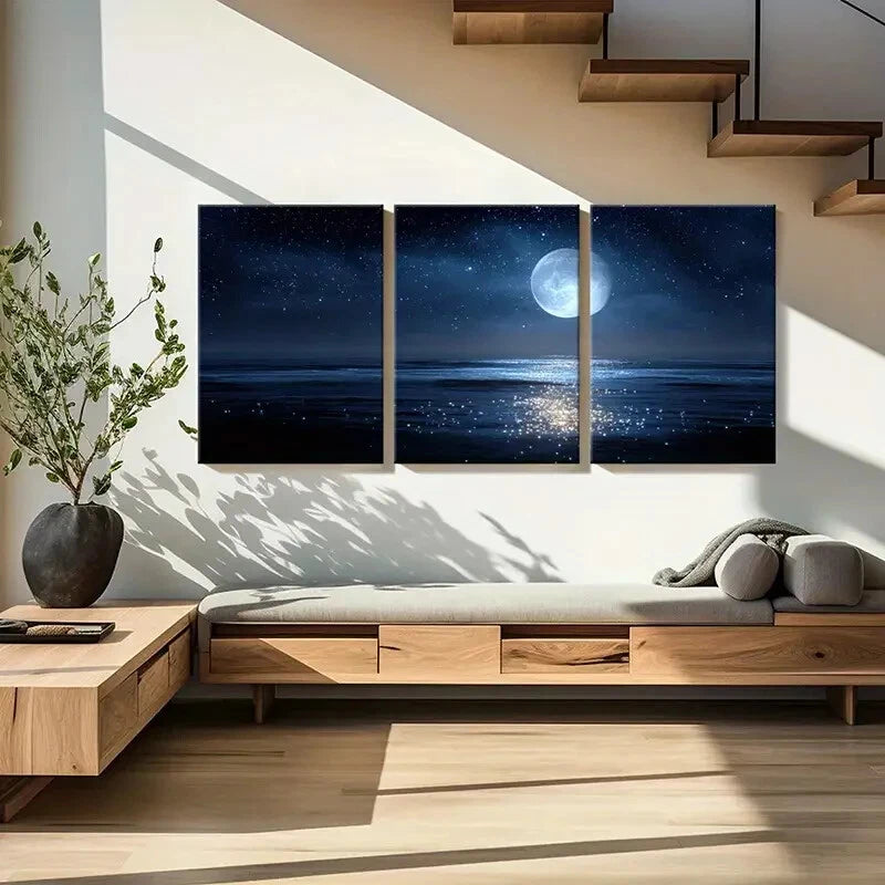 3pcs Moonlit Ocean Night Sky Stars Reflections Metal Print Ready to Hang Art - Bella Home Decor