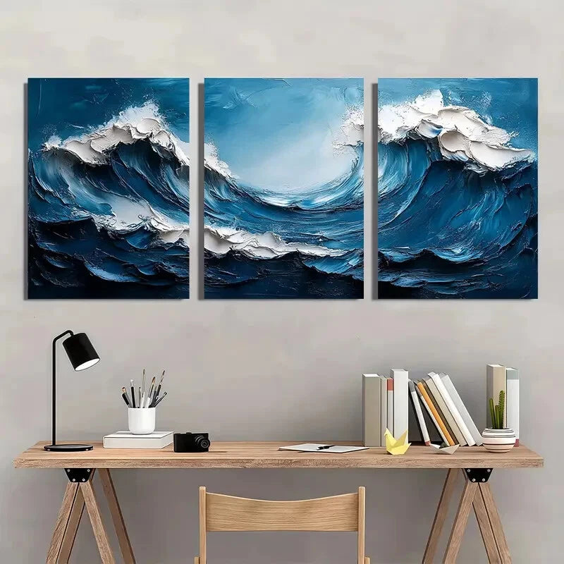 3pcs Minimalist Dark Blue Wave Abstract Art Metal Print Ready to Hang Art