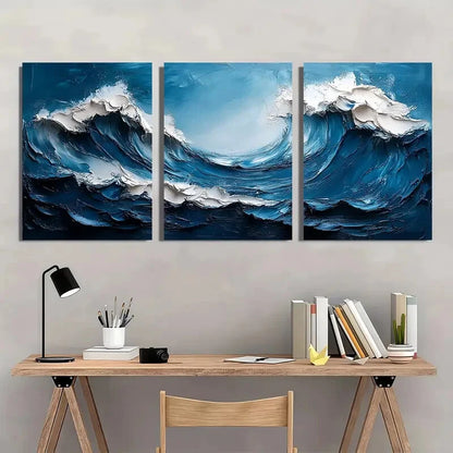 3pcs Minimalist Dark Blue Wave Abstract Art Metal Print Ready to Hang Art
