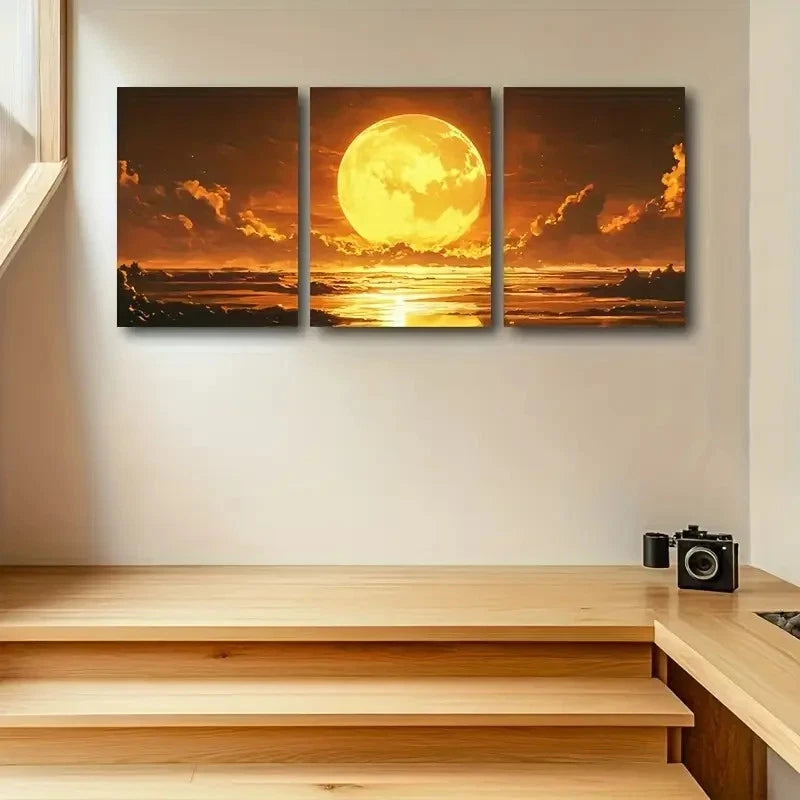 3pcs Vibrant Moonrise Over Golden Sunset Wall Art Set Canvas Framed 50x70cm - High Quality Print 100% Australian Made Wall Canvas Ready to Hang