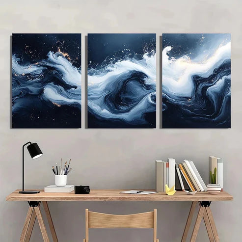 3pcs Swirling Liquid Shapes Blue & White Wall Art Canvas Unframed - High Quality Print 100% Australian Made Wall Canvas