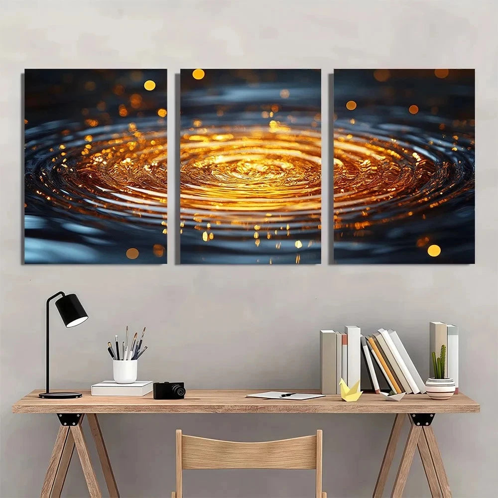 3pcs Abstract Golden Water Ripple Ring Metal Print Ready to Hang Art - Bella Home Decor