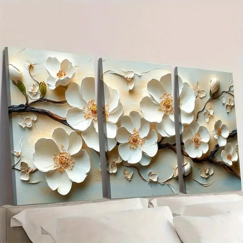 3pcs White Flower Texture  IU Wall Art Set Canvas Framed 40x60cm - High Quality Print 100% Australian Made Wall Canvas Ready to Hang