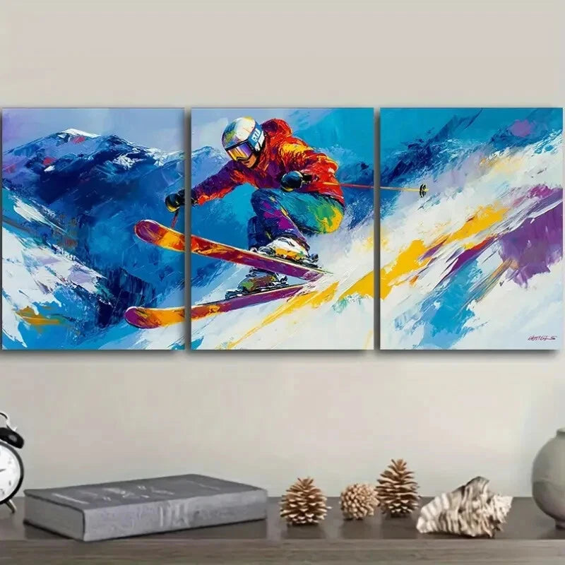 3pcs Paintings Featuring a Skier Wall Art Set Canvas Framed 40x60cm - High Quality Print 100% Australian Made Wall Canvas Ready to Hang