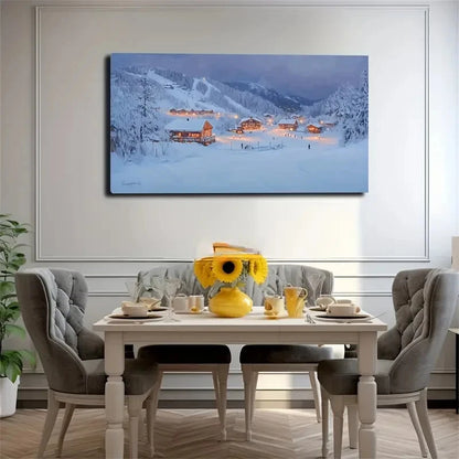 Winter Mountain Village Scene Wall Art Canvas Office Home Room Framed 120x60cm