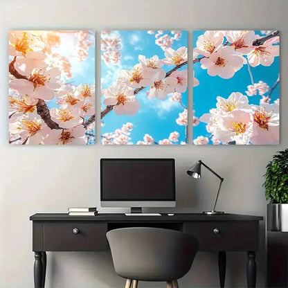 3pcs Blooming Blossom Tree Abstract Blue Sky Metal Print Ready to Hang Art - Bella Home Decor