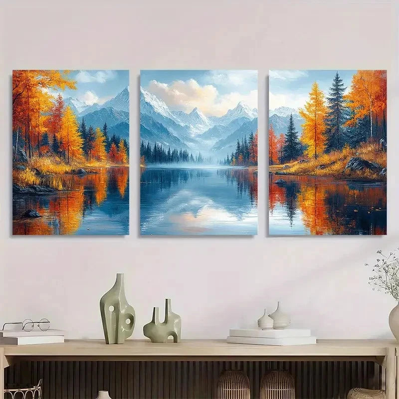 3pcs Autumn Scenery with Snow-Capped Peaks Metal Print Ready to Hang Art - Bella Home Decor