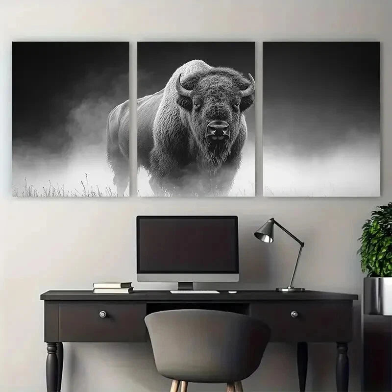 3pcs Bison in Mist Greyscale Photography Metal Print Ready to Hang Art - Bella Home Decor
