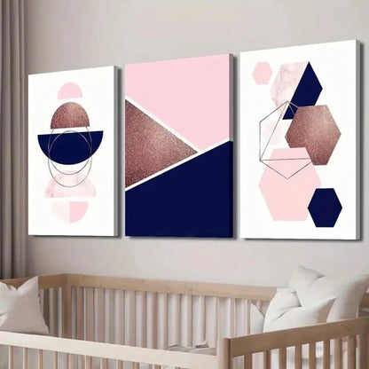 3pcs Geometric Navy & Pink Abstract Designs Wall Art Set Canvas Unframed - High Quality Print 100% Australian Made Wall Canvas - Bella Home Decor
