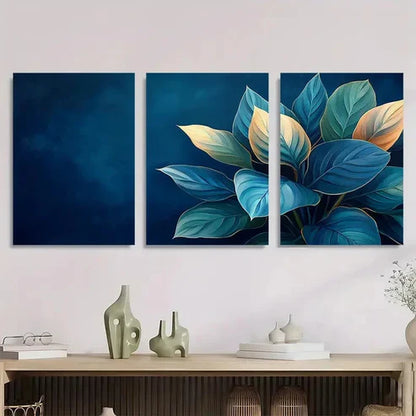 3pcs Vibrant Blue & Golden Calathea Perfect Wall Art Canvas Unframed - High Quality Print 100% Australian Made Wall Canvas - Bella Home Decor
