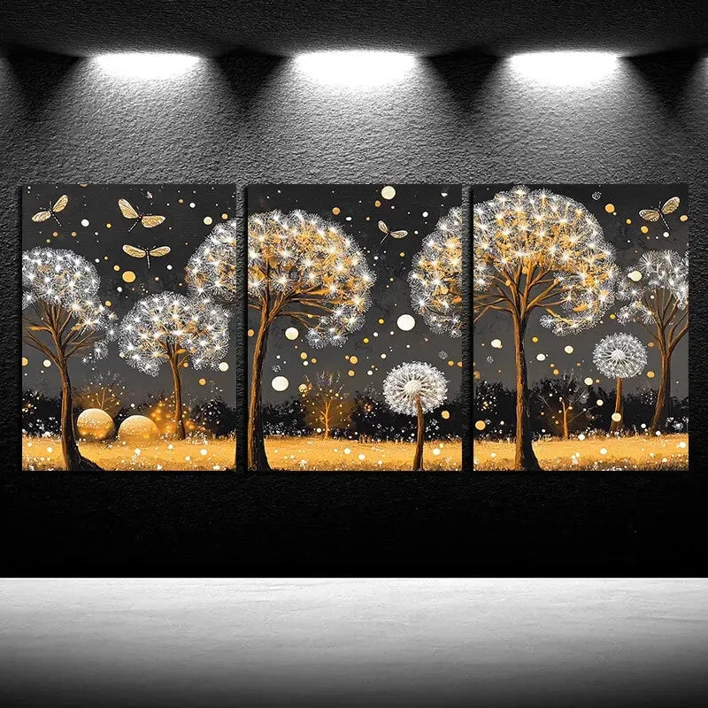 3pcs Modern Abstract Dandelion Floral Illustration Metal Print Ready to Hang Art - Bella Home Decor