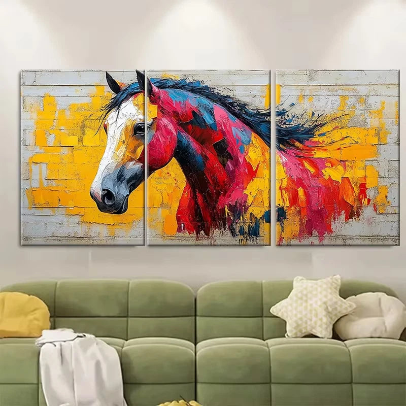 3pcs Vibrant Geometric Horse Abstract Metal Print Ready to Hang Art - Bella Home Decor
